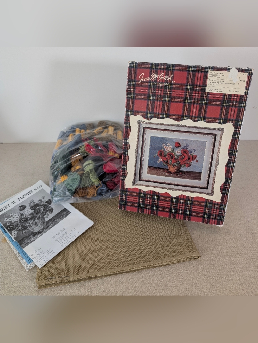 Vintage 1959 Jean Mcintosh Wool Needlepoint Tapestry Kit 22" x 29" Red Poppies